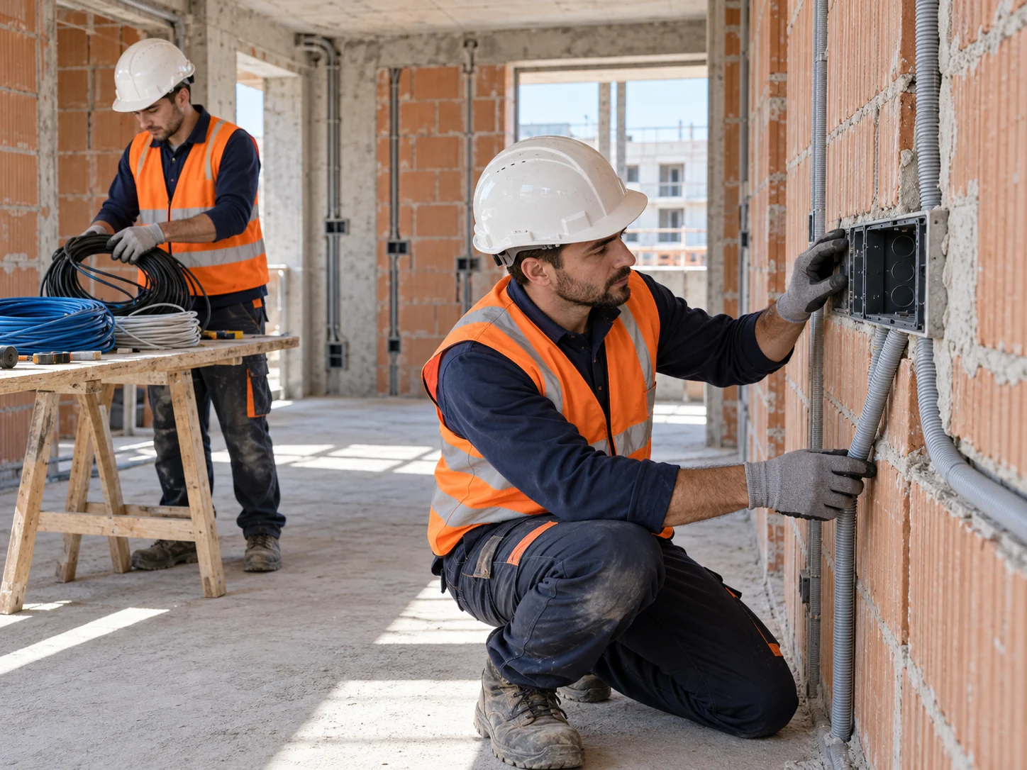 Ilustración de un electricista montando canalizaciones eléctricas en un edificio en construcción