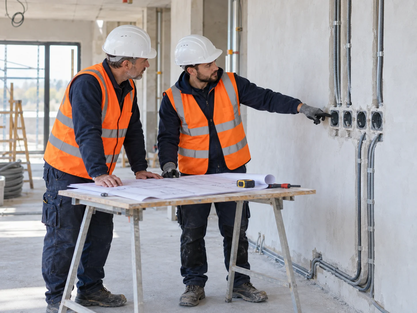 Ilustración de dos profesionales revisando planos en el interior de un edificio en construcción