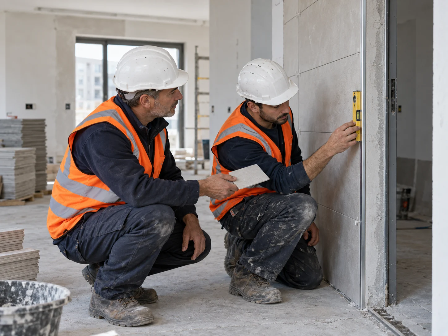 Imagen ilustrativa de dos trabajadores con casco y chaleco revisando acabados en una obra