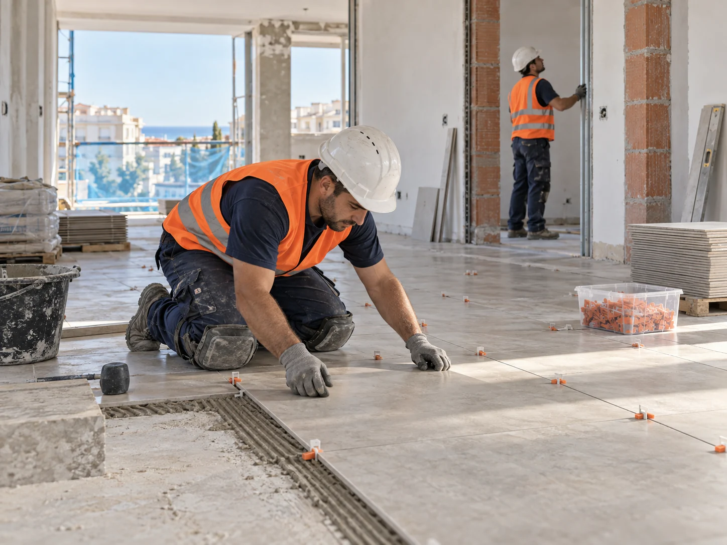 Ilustración de un operario colocando solados en el interior de un edificio en construcción